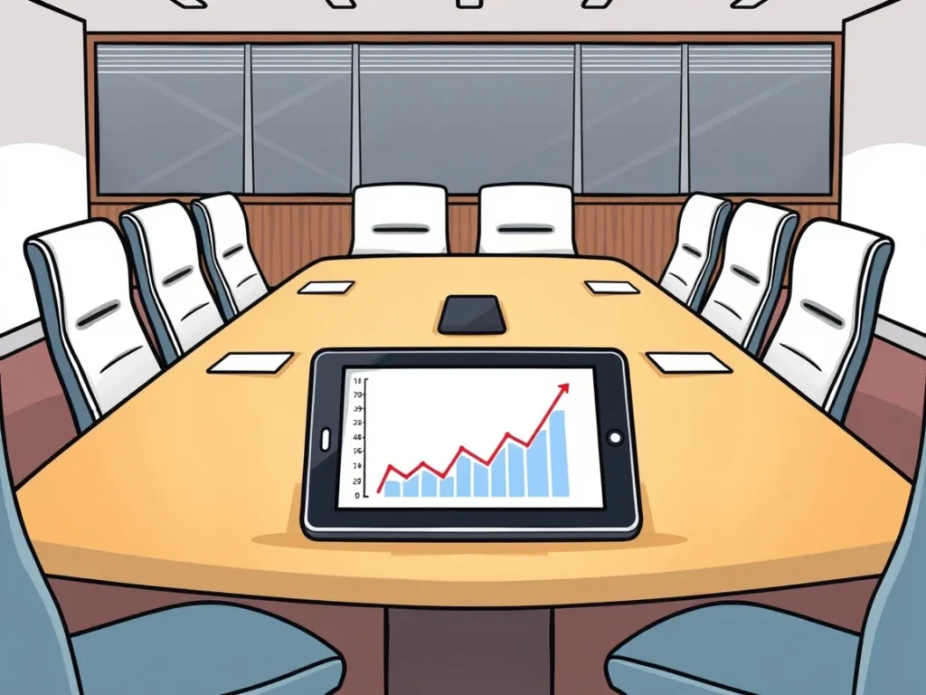 Stół w sali konferencyjnej z tabletem pokazującym wykres liniowy