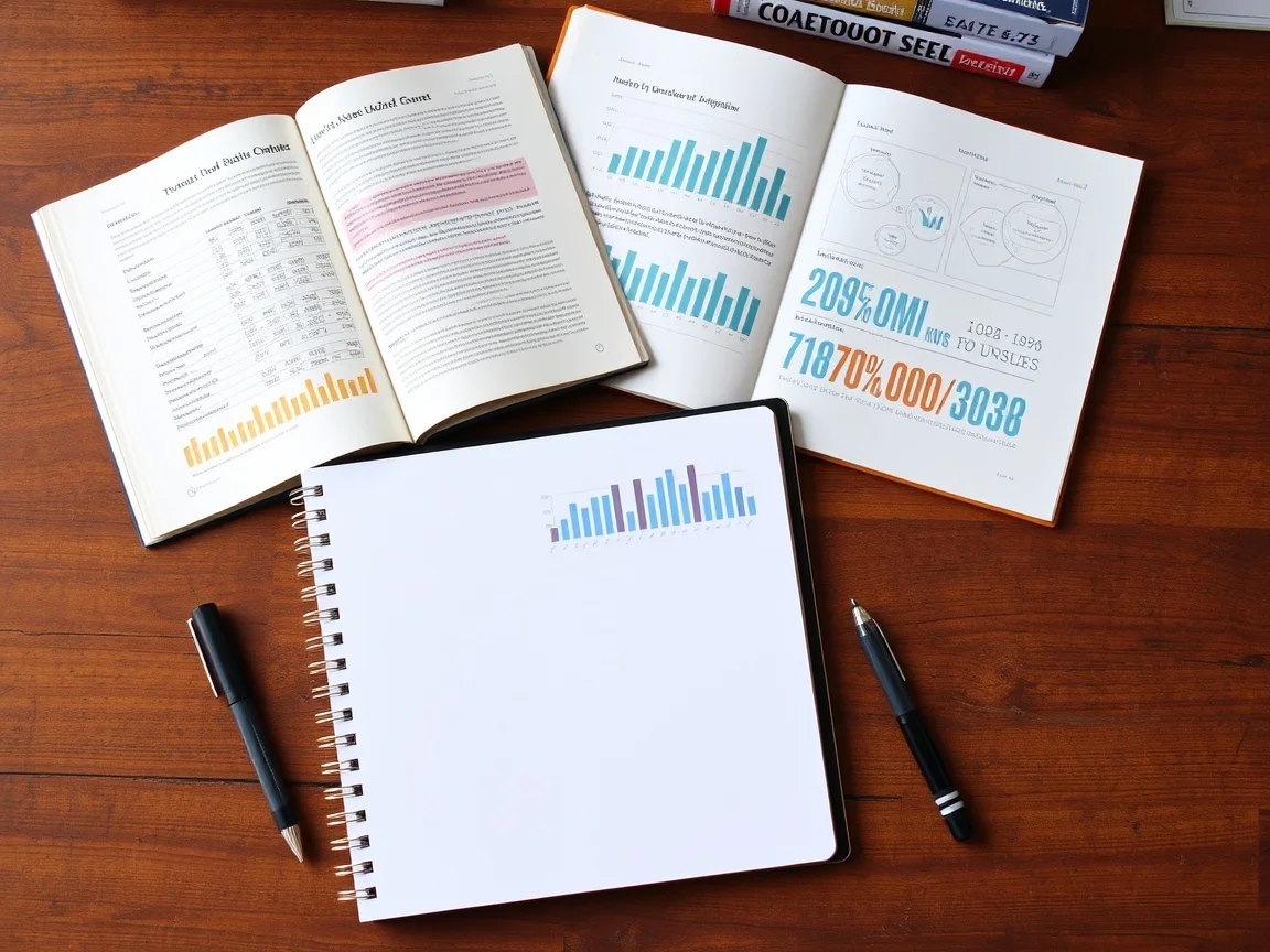 Na biurku leżą książki o statystyce i notes.