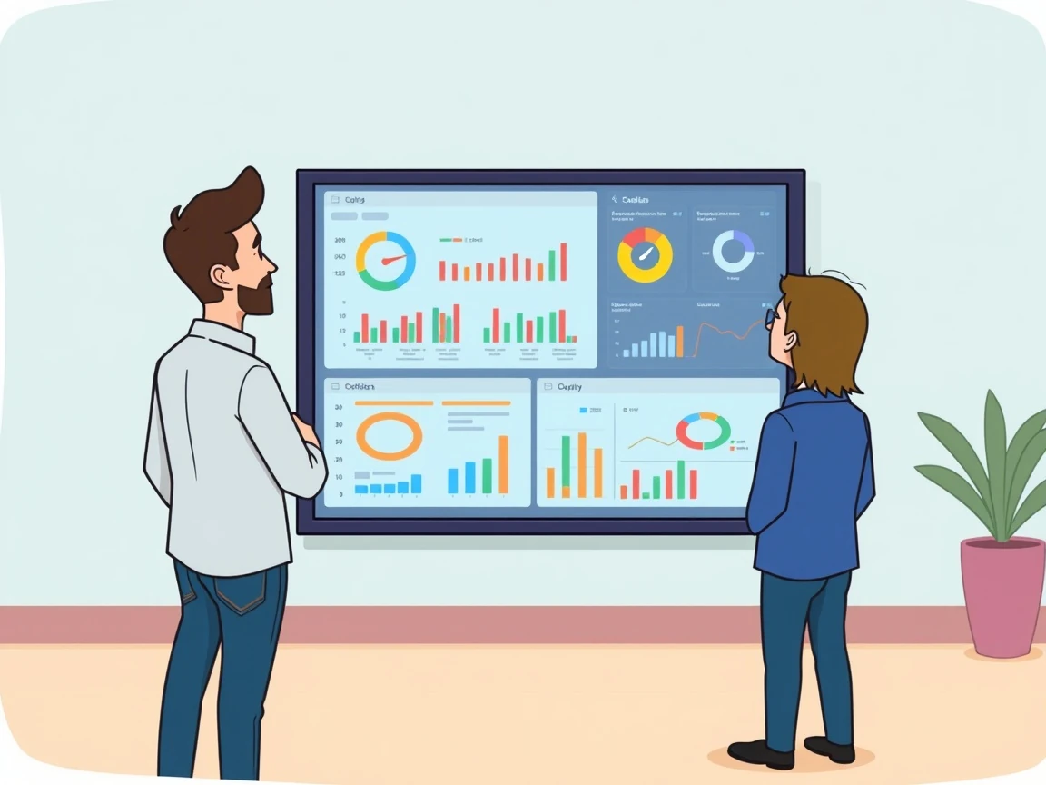 Dwie osoby stoją przy ekranie ściennym i dyskutują o panelu z kolorowymi wykresami