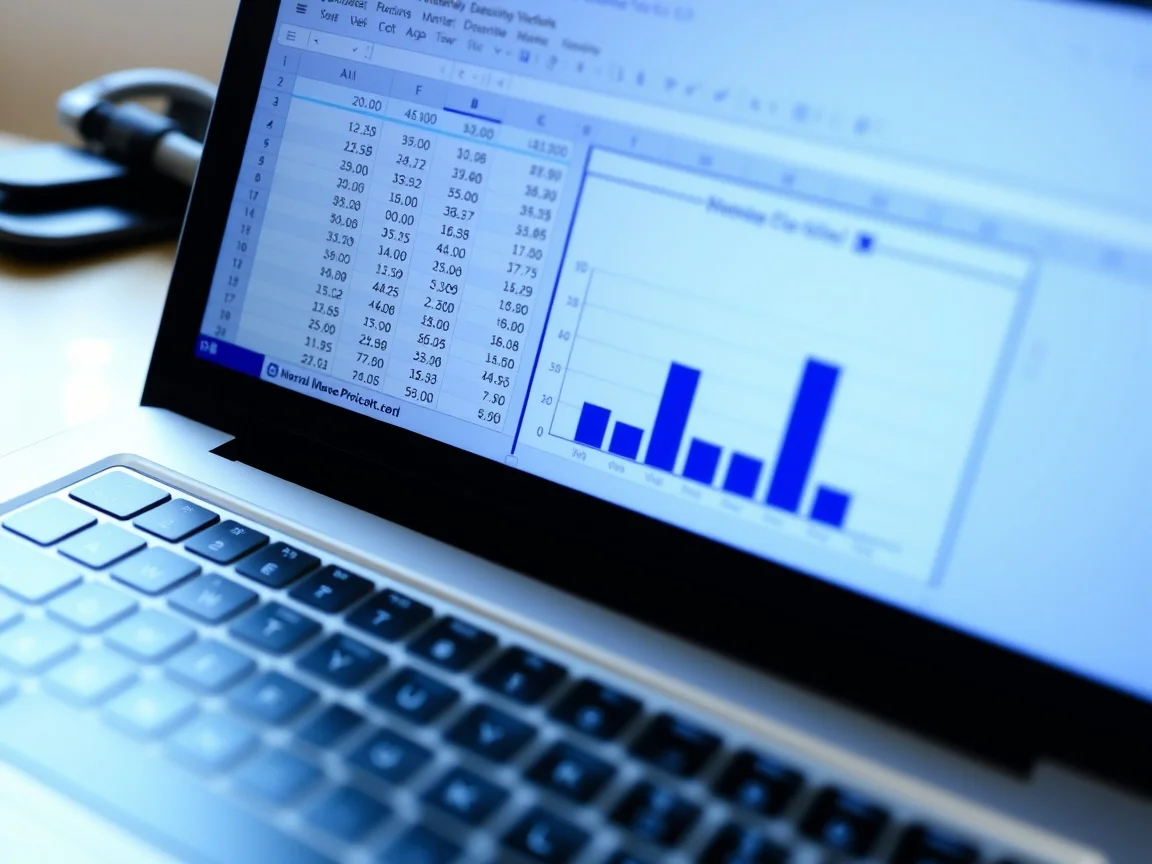 Ekran laptopa pokazujący arkusz z liczbami i prosty wykres słupkowy