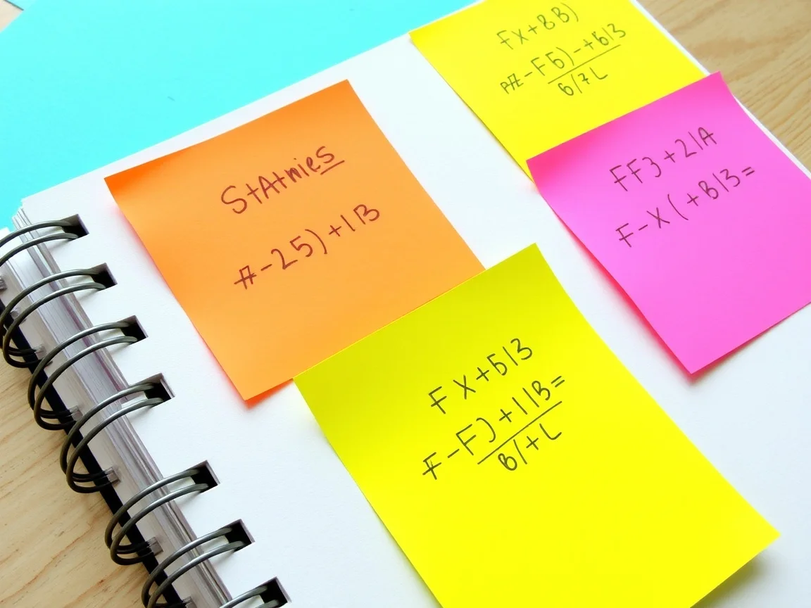 Kolorowe karteczki samoprzylepne z formułami statystycznymi przyklejone do zeszytu.