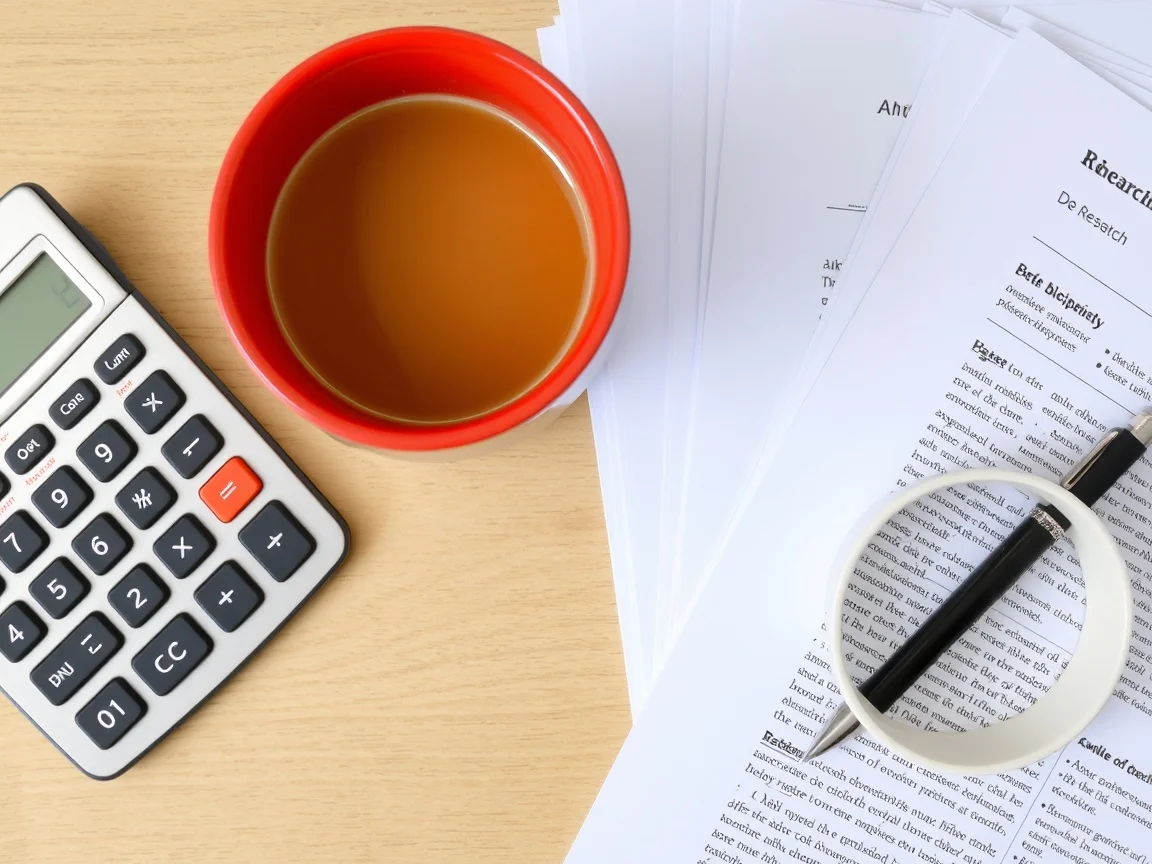 Kalkulator i filiżanka kawy stoją obok stosu artykułów naukowych.
