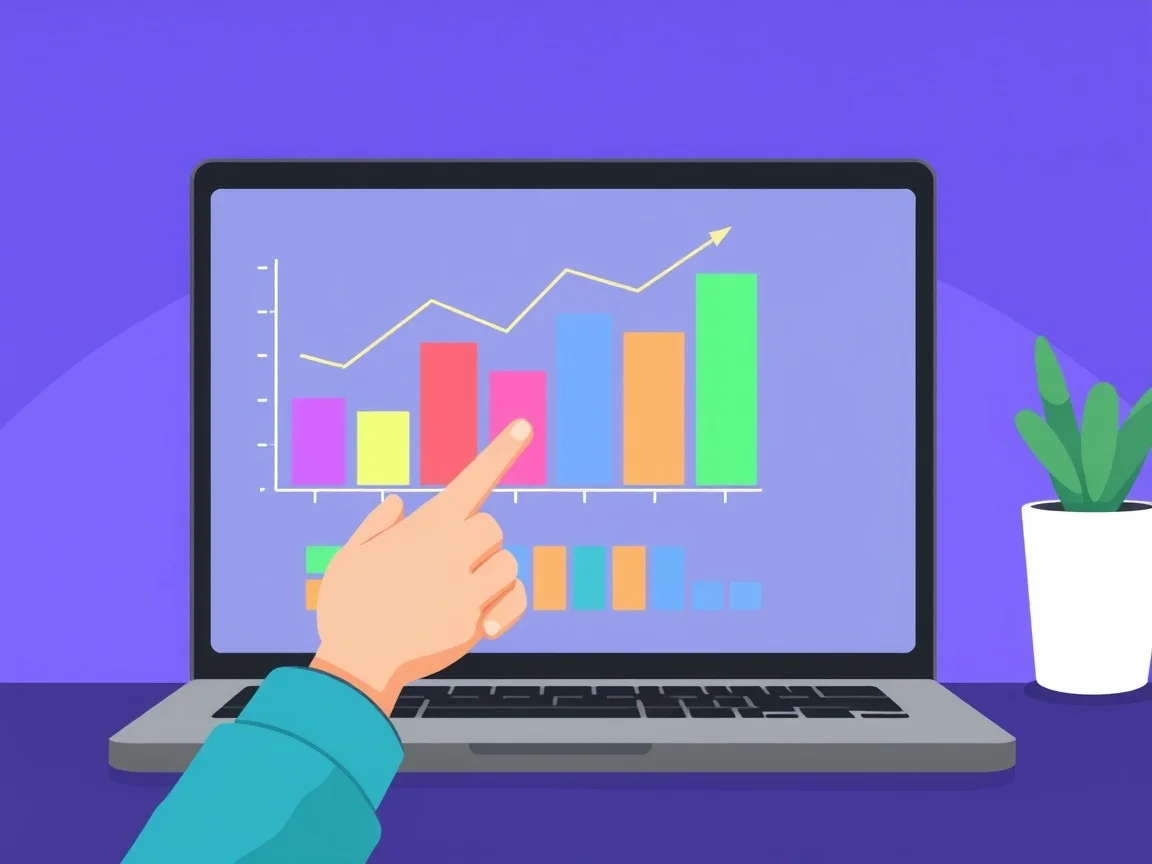 Osoba wskazuje na kolorowy wykres słupkowy na ekranie laptopa