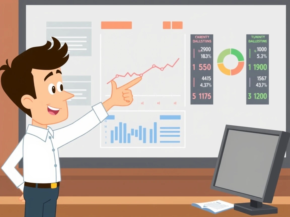 Osoba wskazująca na duży ekran z wykresami i liczbami