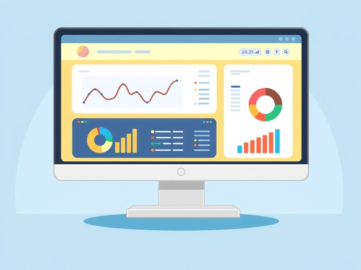 Monitor komputera pokazuje pulpit z wykresami liniowymi i wykresami kołowymi