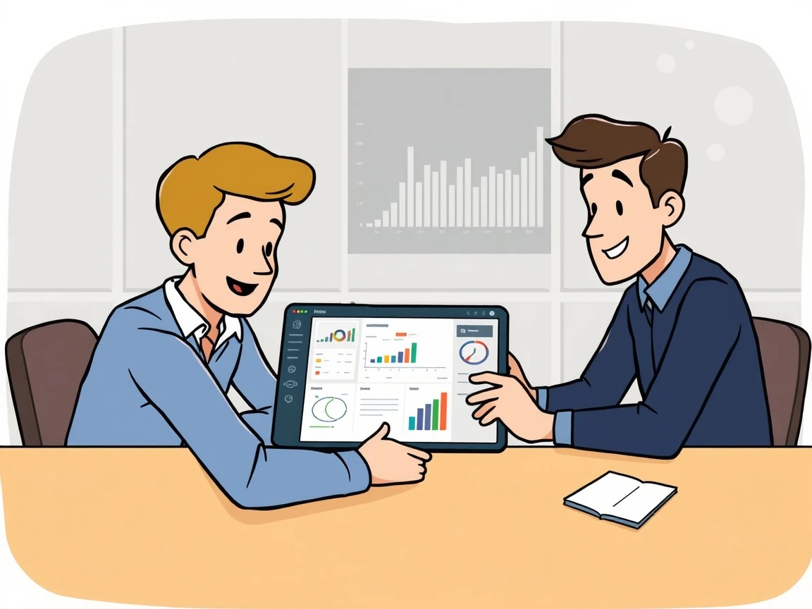 Troje osób przy stole ogląda tablet z panelem biznesowym