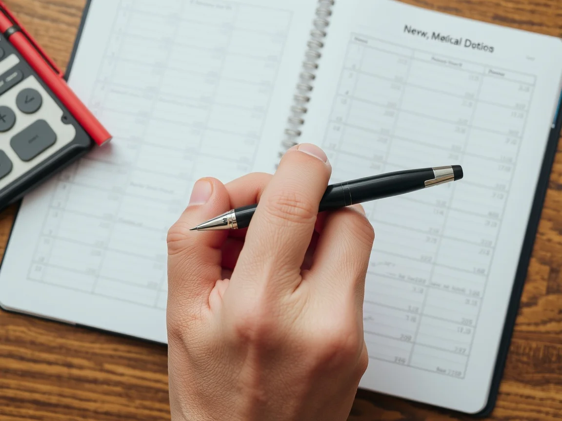 Ręka trzyma długopis nad notatnikiem z cyframi i wzorami