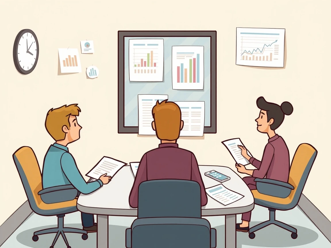 Małe spotkanie trzech osób oglądających wydruki z wykresami