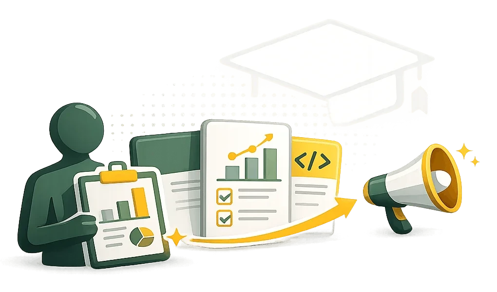 Minimalistyczna ikonografika analityka danych: wykresy, lupa i motyw pracy dyplomowej.