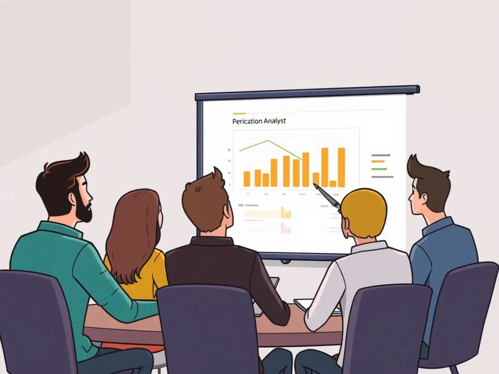 Mały zespół ogląda analityka prezentującego slajd z czytelnym wykresem KPI