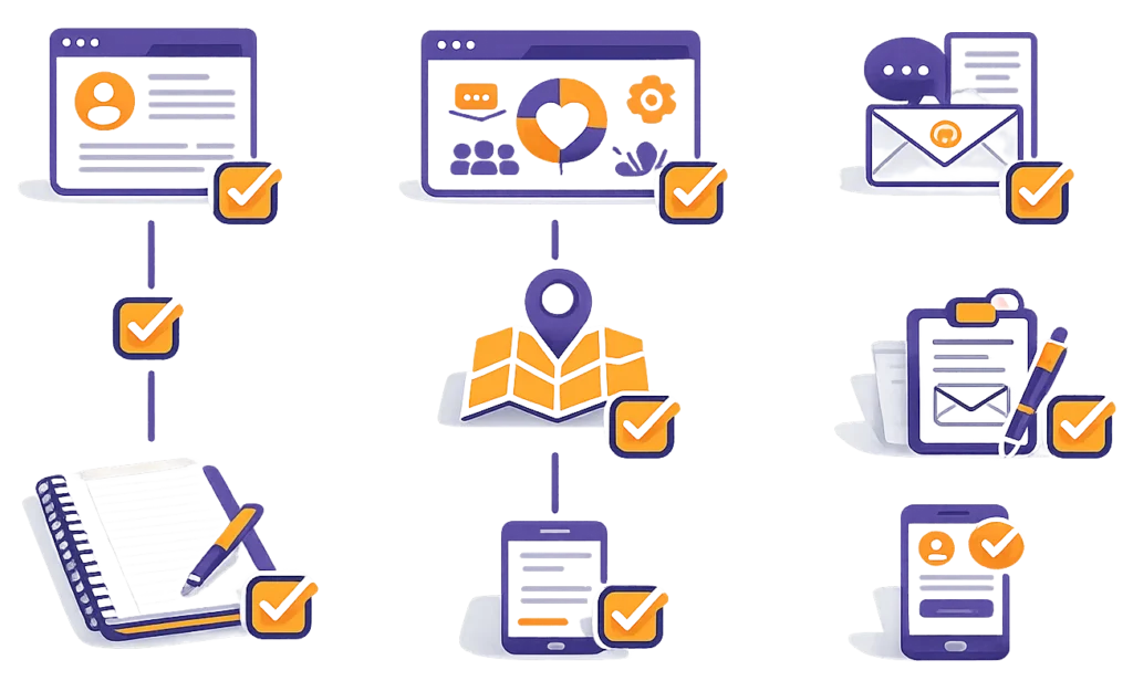 Ikonografika pokazująca najważniejsze elementy dobrej strony internetowej dla psychologa
