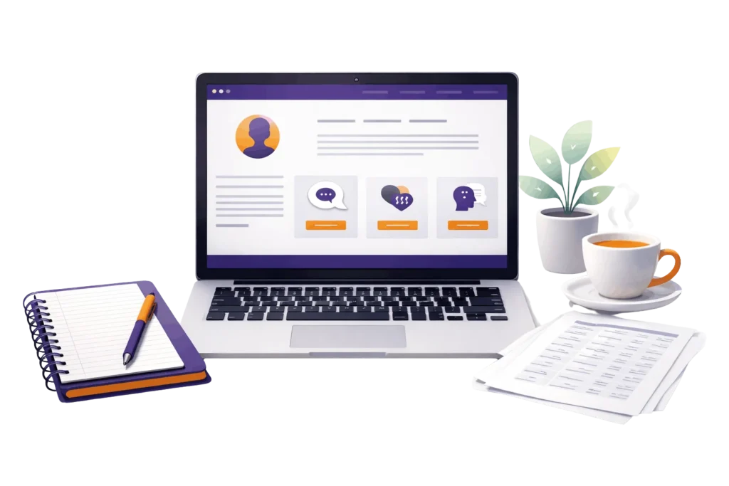 Ikonografika pokazująca najważniejsze elementy dobrej strony internetowej dla psychologa. Czy psycholog potrzebuje strony internetowej?