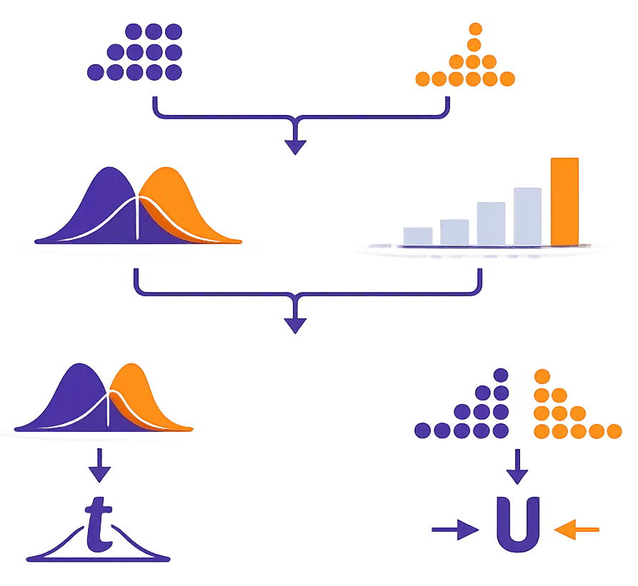 Schemat wyboru między testem t-Studenta a U Manna-Whitneya