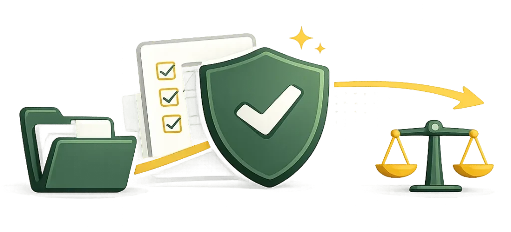 Ikonografika procesu pracy: dane wejściowe, filtr, obliczenia i gotowy raport.