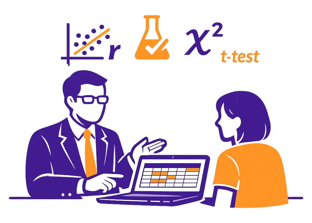 Ikonografika przedstawiająca konsultację statystyczną i pomoc w doborze testu