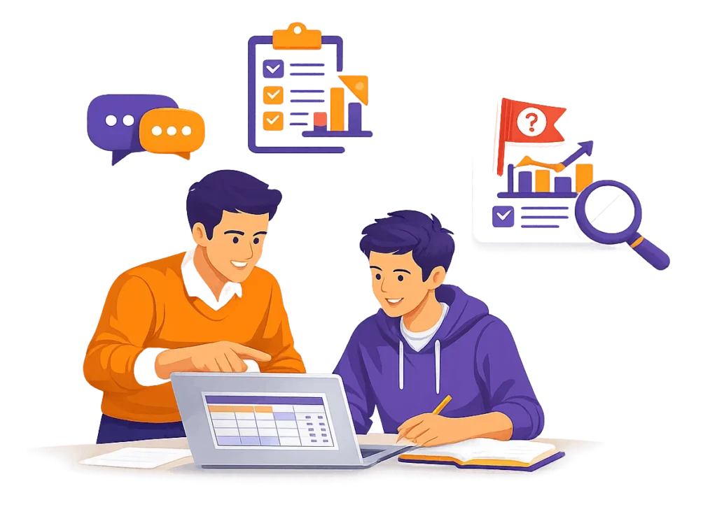 Ilustracja pokazująca wsparcie eksperta przy doborze testu statystycznego i analizie danych