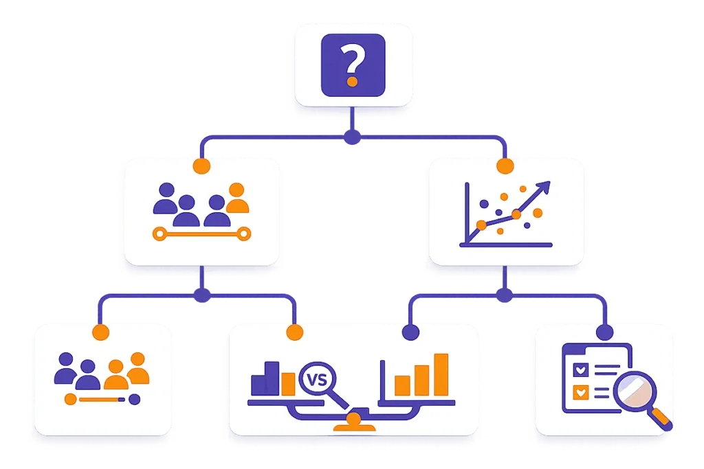 Drzewko decyzyjne pokazujące wybór testu statystycznego w zależności od celu badania i liczby grup