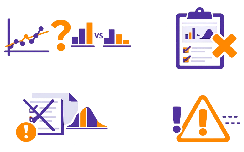 Ikonografika pokazująca najczęstsze błędy przy wyborze między Pearsonem, Spearmanem i testem U Manna-Whitneya.