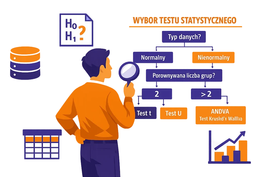 Schematyczna ilustracja pokazująca pierwszy etap doboru testu statystycznego do pracy dyplomowej