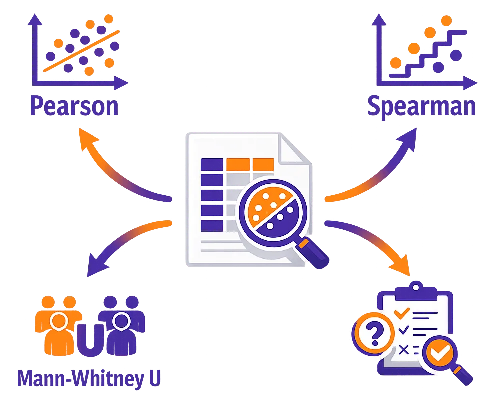 Ikonografika pokazująca wybór między testem Pearsona, Spearmana i U Manna-Whitneya. Pearson czy Spearman – jaki test statystyczny wybrać?