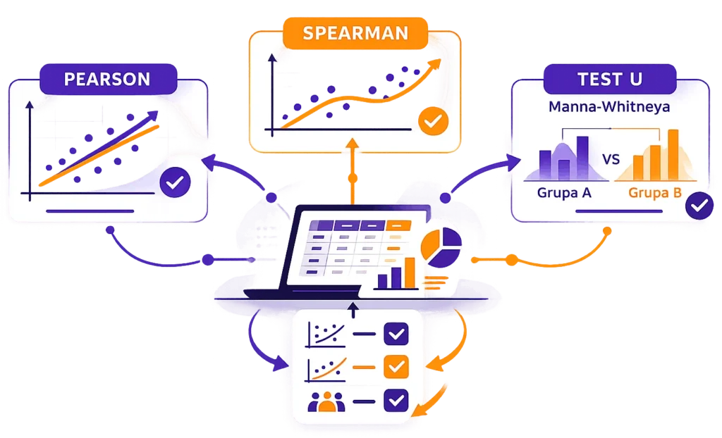 Ikonografika pokazująca, kiedy wybrać korelację Pearsona, a kiedy korelację Spearmana.
