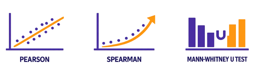 Ikonografika pokazująca różnice między testem Pearsona, Spearmana i U Manna-Whitneya