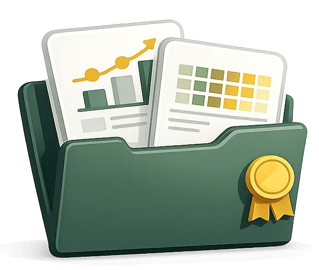 Ikonografika realizacji: teczka projektów z raportami i wykresami.