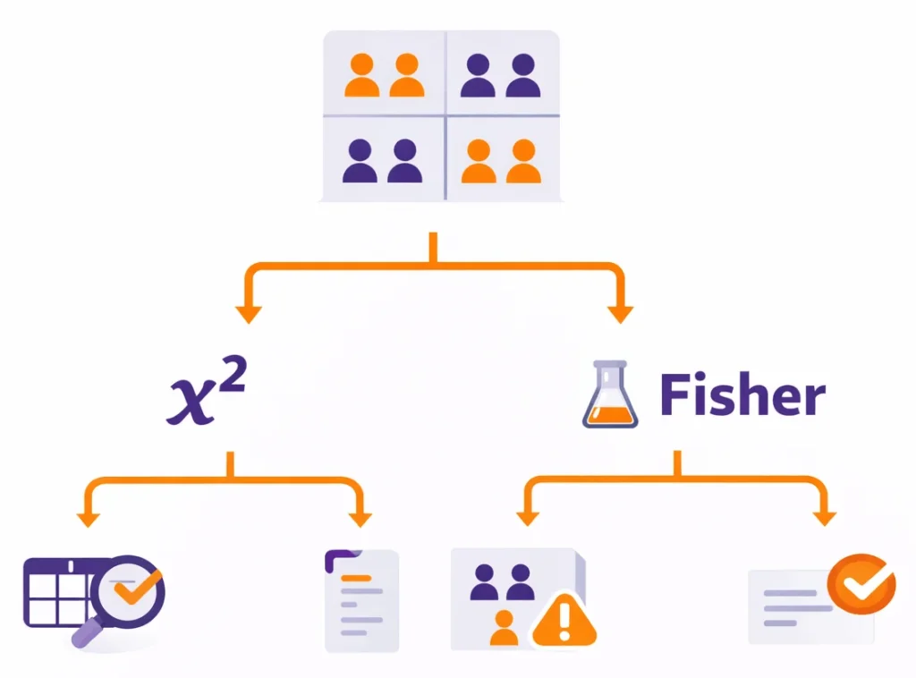Ikonografika pokazująca wybór między testem chi-kwadrat a testem Fishera dla danych kategorycznych. Test chi-kwadrat czy test Fishera?